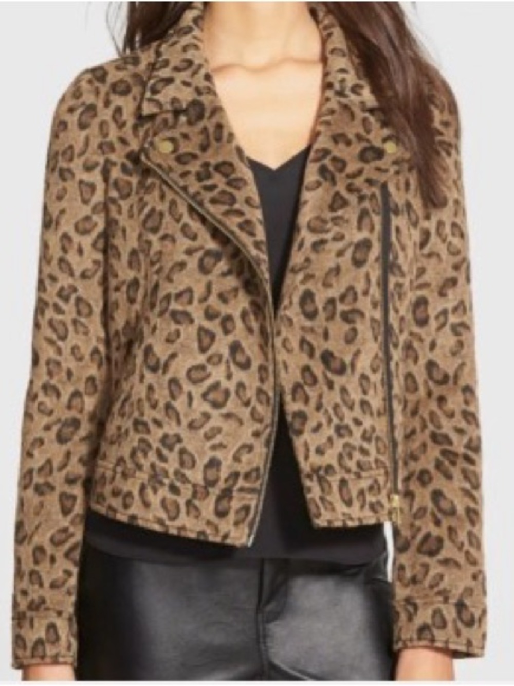 Leith Fleece Knit Leopard Print Motorcycle Style Jacket